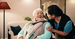 Caregiver, support and consultation for old woman in lounge, talking or explaining healthcare update. Assisted living, nurse and discussion with senior person, happy and compassion in nursing home