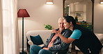 Nursing home, window and nurse with old man in wheelchair, help or talking with patient and support. Pensioner, recovery and elderly person with disability, assisted living and happy with caregiver