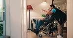 Nursing home, window and caregiver with old man in wheelchair, point and chat with patient and help. Pensioner, recovery and elderly person with disability, assisted living and happy with nurse