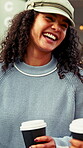 Coffee, food truck and talking with woman outdoor for customer service or hospitality. Conversation, drink and laughing with happy person at mobile vendor for break, caffeine or social hangout
