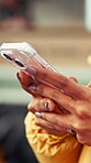 Hand, phone and woman typing at cafe with internet connection, social media and message online. Technology, notification and person search post with mobile app for communication in restaurant