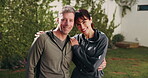 Fitness, face and happy couple hug in backyard, wellness or bonding with partner on weekend at house. Mature people, home and confident with sportswear, embrace and support for spouse in Canada