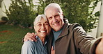 Senior couple, face and selfie in backyard, fitness and picture with partner or post on social media. Retirement, home and happy people with sportswear at house, photography and memory on website