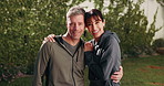 Fitness, face and couple laughing in backyard, wellness and bonding with partner on weekend at house. Mature people, home and confident with sportswear, embrace and support for spouse in Canada