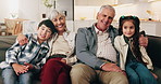 Support, grandparents and kids in home with face, childcare or bonding together on weekend break. Smile, portrait or family with embrace, caring relationship or happy moment in loving connection.