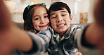 Happy, face and children with selfie in home for picture, capture moment or memory together. Portrait, kids or siblings with smile, hug or embrace for photography, social media post or childhood