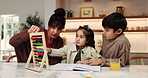 Mother, kids and learning in home with abacus, homework discussion and practice math for development. Woman, talk and children in house with counting tool, school assessment and help for education.