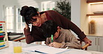 Mother, son and writing in house with homework, discussion and learning math for child development. Woman, talk and kid in home with school task notes, abacus and parent assistance for education.