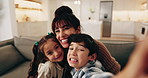 Mom, child and sofa with selfie in home for picture, capture moment or memory together. Portrait, mother or kids with smile for photography, social media or connection on living room couch in house