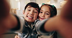 Selfie, face and happy children with hug in home for picture, capture moment or memory together. Portrait, kids or siblings with smile, care or embrace for photography, social media post or childhood