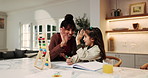 Mother, child and high five in house with homework, abacus or learning math for development goals. Happy woman, daughter and celebration in home with counting tool, success or milestone for education