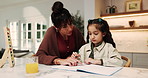 Mother, daughter and talk in house with homework, assistance and learning math for child development. Woman, kid and notebook in home with school assignment, discussion and parent help for education.