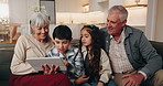 Game, grandparents or kids in house with tablet, bonding activity or happy moment with online playing. Loving, smile or grandchildren with tech, digital puzzle or fun hobby with family connection.