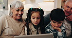 Game, grandparents or kids in lounge with tablet, bonding activity or happy moment in online playing. Love, smile or grandchildren in home with tech, digital puzzle or fun hobby in family connection.