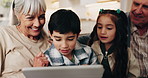 Game, grandparents or kids in home with tablet, bonding activity or happy moment with online playing. Support, smile or grandchildren with tech, digital puzzle or fun hobby with family connection.