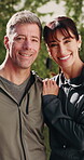 Fitness, face or couple outdoor with bonding, cardio together or support in workout activity. Smile, love or mature people with confidence, happy connection or active hobby in healthy relationship.