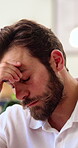 Stress, headache and business man in office with bankruptcy crisis, frustrated or decision. Burnout, tired and fatigue of person as financial broker with investment mistake, failure or brain frog