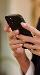 Connection, phone or hands in office with typing, agenda change or online feedback on project. Contact, woman or employee with tech, schedule update or digital communication on business report.