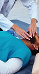 Nurse, hands and training with doctor for CPR, first aid practice and emergency healthcare. Medical people, life saving or demonstration for nursing course, rescue technique or teaching at hospital