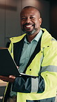 Laptop, black man and face of construction worker on site with research for building maintenance. Smile, computer and portrait of civil engineer with feedback approval for property renovation.
