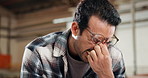 Stress, man and woodworker in workshop with laptop for order cancellation, mistake or negative review. Upset, computer and carpenter with email for error feedback on timber manufacturing project.