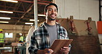 Man, planning and carpenter with clipboard in workshop for documents with order confirmation. Checklist, thinking and woodworker with ideas for timber manufacturing process at warehouse from below.