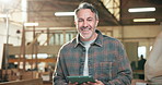 Man, happy and face of carpenter with tablet in workshop for research with online order confirmation. Digital technology, portrait and woodworker with ideas for timber manufacturing in warehouse.