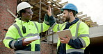 People, tablet and blueprint on construction site for discussion, inspection or remodeling. Low angle, quality control and architect team with tech for project management, property or renovation