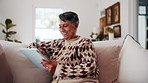 Smile, old woman and rest at house with phone, social media and browsing website for bingo. Happy, senior person and laughing in lounge with mobile, internet search and download games for retirement
