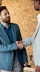 Men, foreman or handshake with laptop in construction site for building project or development. Male people, employees or contractor shaking hands with smile on computer for architecture deal or plan