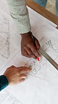 Above, blueprint and hands of construction workers drawing on site for discussion on building or maintenance. Meeting, floor plan and civil engineers with contractor for feedback on renovation.