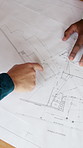 Discussion, blueprint and hands of construction workers on site for building, repairs or maintenance. Above, floor plan and construction workers with contractor for feedback on property development.