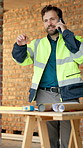 Man, architect or discussion with radio on construction site for communication or instructions. Male person, civil engineer or contractor talking with signal for planning, building safety or security