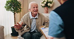 Nurse, clipboard and old man on couch for assisted living, medical service and care in nursing home. Retirement, paperwork and caregiver with elderly person for healthcare, support and consultation