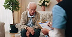 Nurse, clipboard and elderly man on couch for assisted living, medical service and care in nursing home. Retirement, paperwork and caregiver with senior person for healthcare, support and help