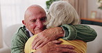 Senior couple, hug and support in home with love, care or safety together in happy marriage in living room. Elderly man, old woman and security or connection for retirement, comfort and embrace