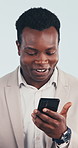 Happy, phone and black man with video call in studio for business discussion on a white background. Businessman, talking or smile on mobile smartphone for conversation, chatting or communication app