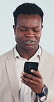 Annoyed, phone and video call with disappointed black man in studio for negative feedback. App, frustration and virtual communication with unhappy business person on white background for bad news