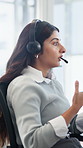Woman, headset or agent consulting in call center for cold calling, policy pitch or explain coverage. Telemarketing, serious consultant and talking to client for insurance cover, claims or telesales