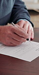 Advice, checklist and hands of old person in home for insurance or investment sign up. Finance, information and senior man with security broker in apartment for contract, policy or wealth management
