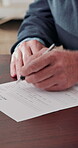 Advice, hands and information of old person in home for insurance or investment sign up. Checklist, documents and senior man with finance broker in apartment for contract, policy or wealth management