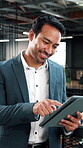 Man, tablet and smile in office for finance, business venture and happy for investment opportunity. Financial manager, tech and scroll in agency for economy research, stock increase and trading app