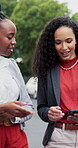 Phone, talk and team with business people in city for proposal, discussion and planning. Conversation, online pitch and feedback with women walking with tech outdoor for meeting and project update