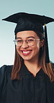 Face, graduation and woman with achievement, smile and opportunity with announcement in studio. Portrait, excited person and happy for collage education, celebration and success on blue background