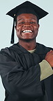 Face, graduation and black man with achievement, pointing and opportunity promotion in studio. Portrait, excited person and hand gesture for education, celebration and success on blue background
