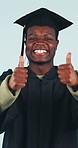 Face, graduation and black man with achievement, thumbs up and opportunity approval in studio. Portrait, excited person and hand gesture for education, celebration and success on blue background