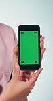 Studio, nurse and hands with phone, green screen and presentation for telehealth app and healthcare. Blue background, medical professional and person with mobile, mock up space and marketing display