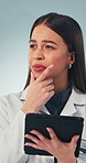 Thinking, woman and doctor in studio with tablet, problem solving and healthcare solution. Medical insight, planning and brainstorming with digital tech, inspiration or reflection on white background