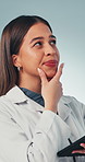 Planning, woman and doctor in studio with tablet, problem solving and healthcare solution. Medical insight, thinking and brainstorming with digital tech, inspiration or reflection on white background