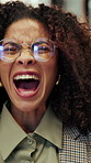 Breakdown, frustration and screaming with business woman in office for mental pressure or stress. . Crisis, glasses and shouting with female employee in corporate workplace for distress or panic